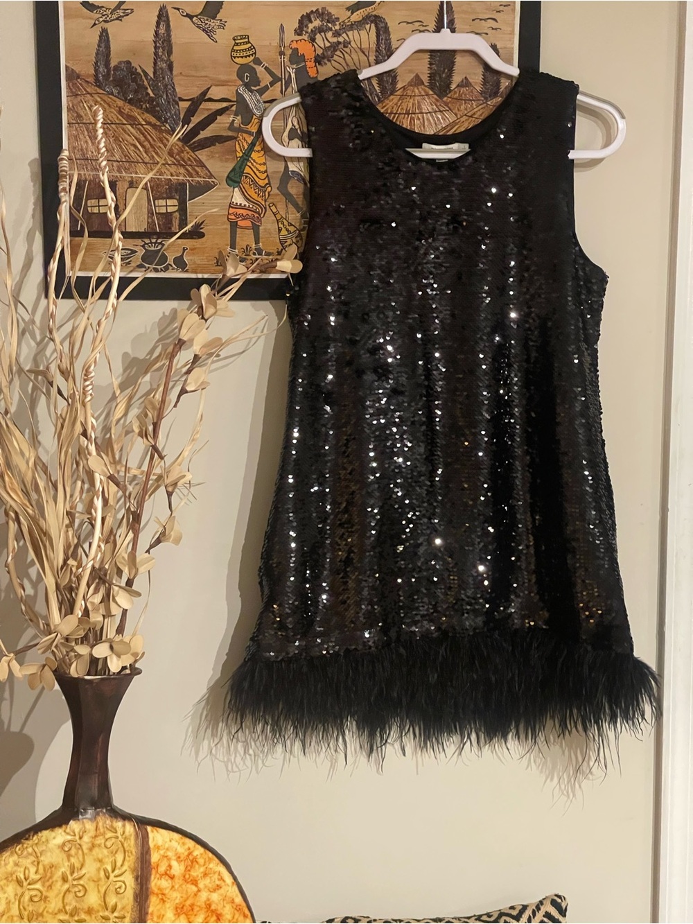 Chico's Black Sequin Dress with Feather Trim